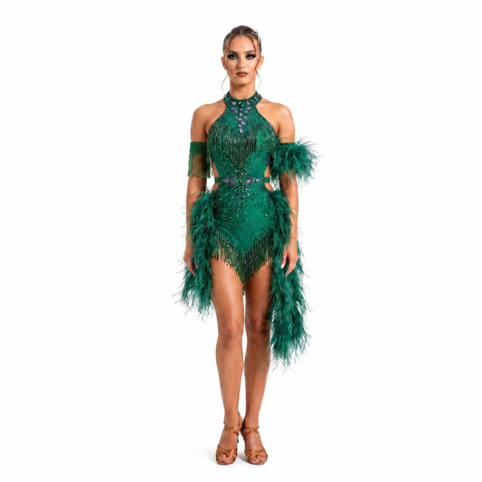 Custom Green Feather Halter Latin Dance Dress with Rhinestones