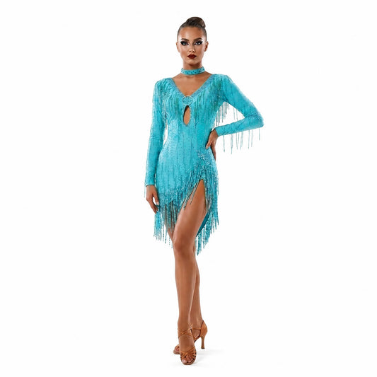 Custom Turquoise Fringe Latin Competition Dress