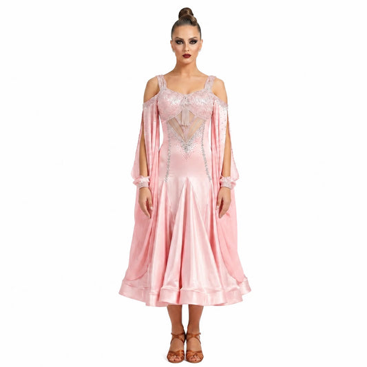 Custom Pink Satin Ballroom Competition Dress with Rhinestones