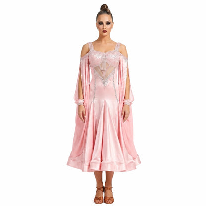 Custom Pink Satin Ballroom Competition Dress with Rhinestones