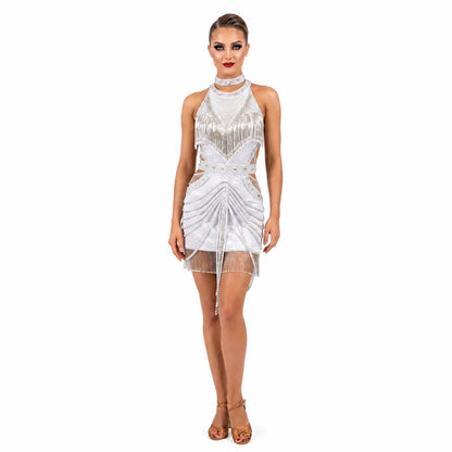 Custom Silver Sparkle Fringe Latin Competition Dress