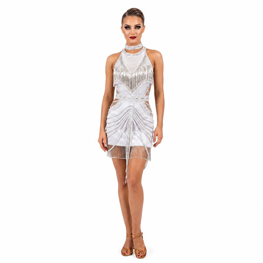 Custom Silver Sparkle Fringe Latin Competition Dress