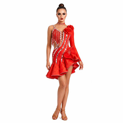 Custom Red Asymmetrical Ruffle Latin Dance Dress