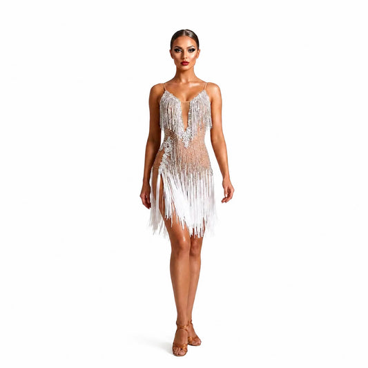 Custom Nude Ombre Crystal Fringe Latin Dance Dress