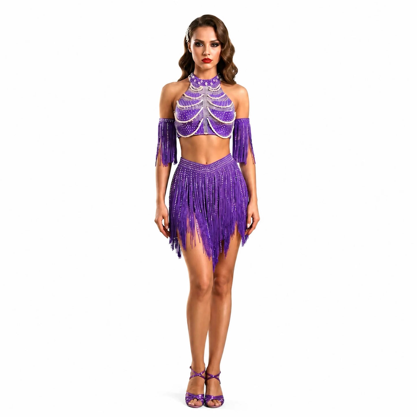 Custom Purple Rhinestone Fringe Two-Piece Latin Competition Dress