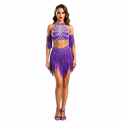 Custom Purple Rhinestone Fringe Two-Piece Latin Competition Dress