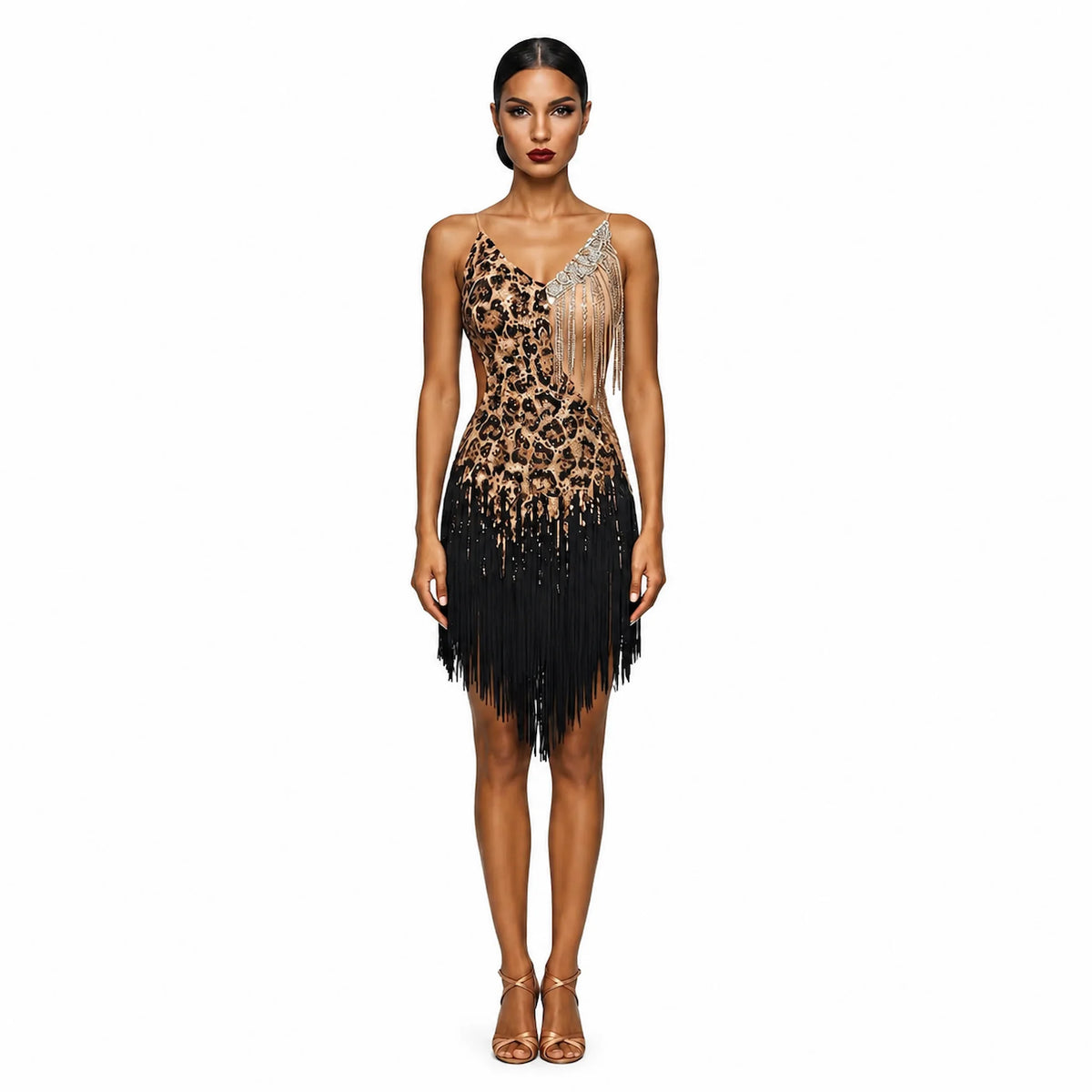 Custom Leopard Print Fringe Latin Dance Competition Dress