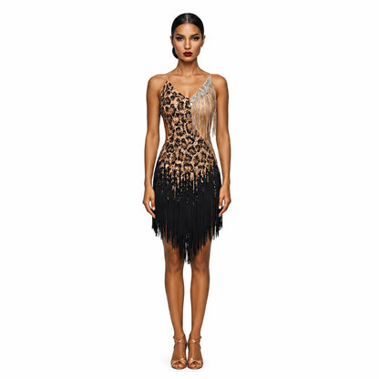 Custom Leopard Print Fringe Latin Dance Competition Dress