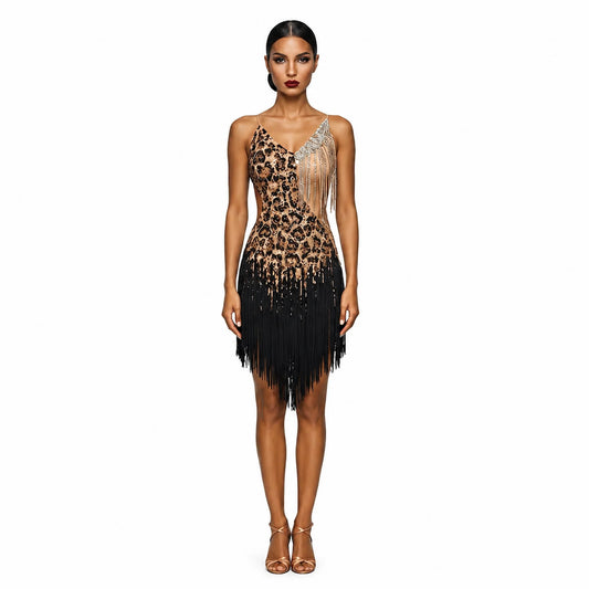 Custom Leopard Print Fringe Latin Dance Competition Dress