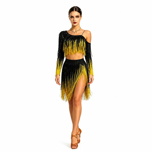 Customizable Gradient Black & Yellow Fringe Two-Piece Latin Dress