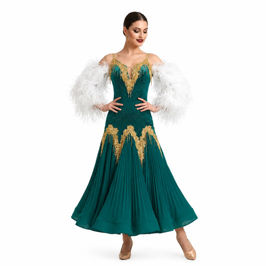 Custom Green Feather Sleeve Gold Crystals Ballroom Smooth Dance Dress