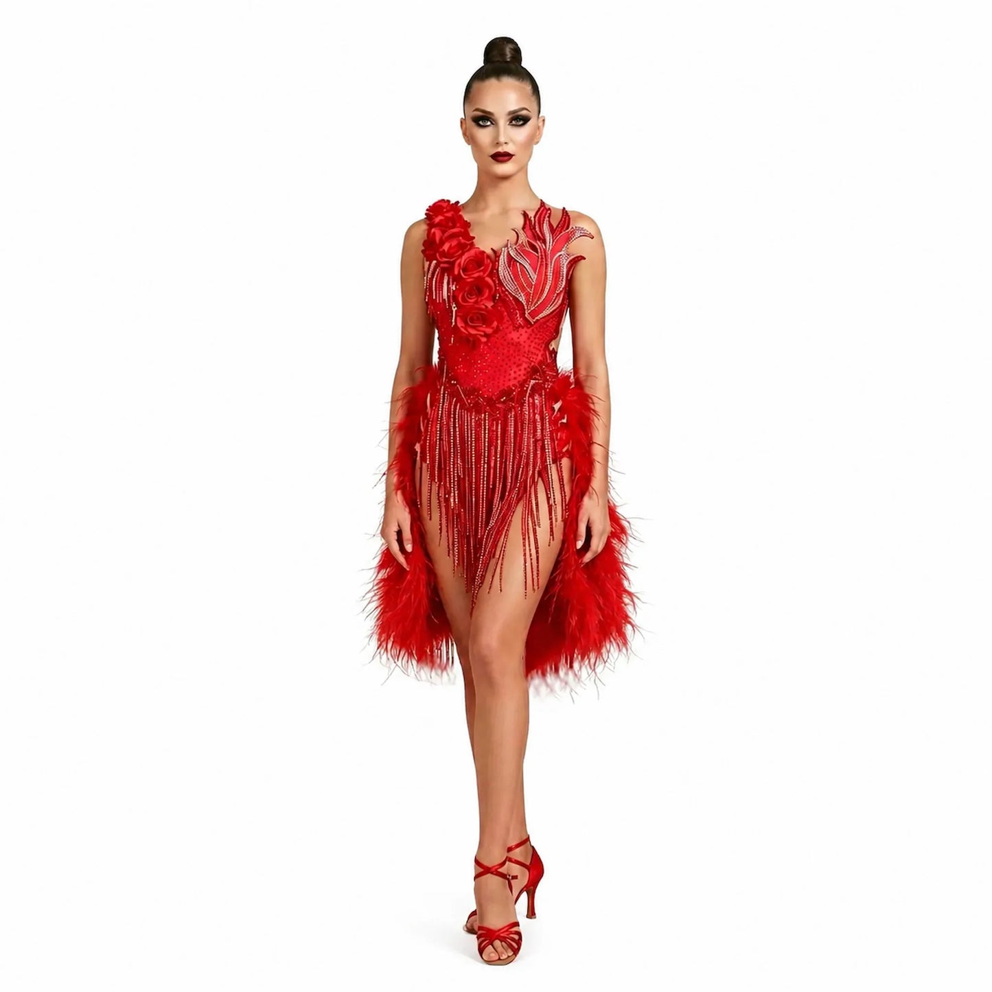 Custom Red Ostrich Feather Latin Competition Dress