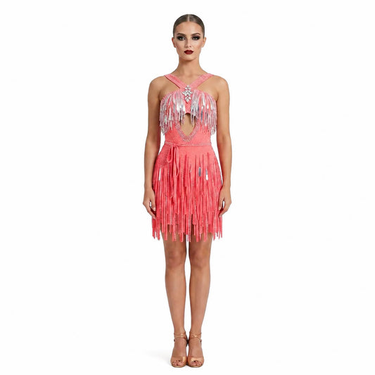 Custom Halter Cutout Sparkle Fringe Latin Competition Dress