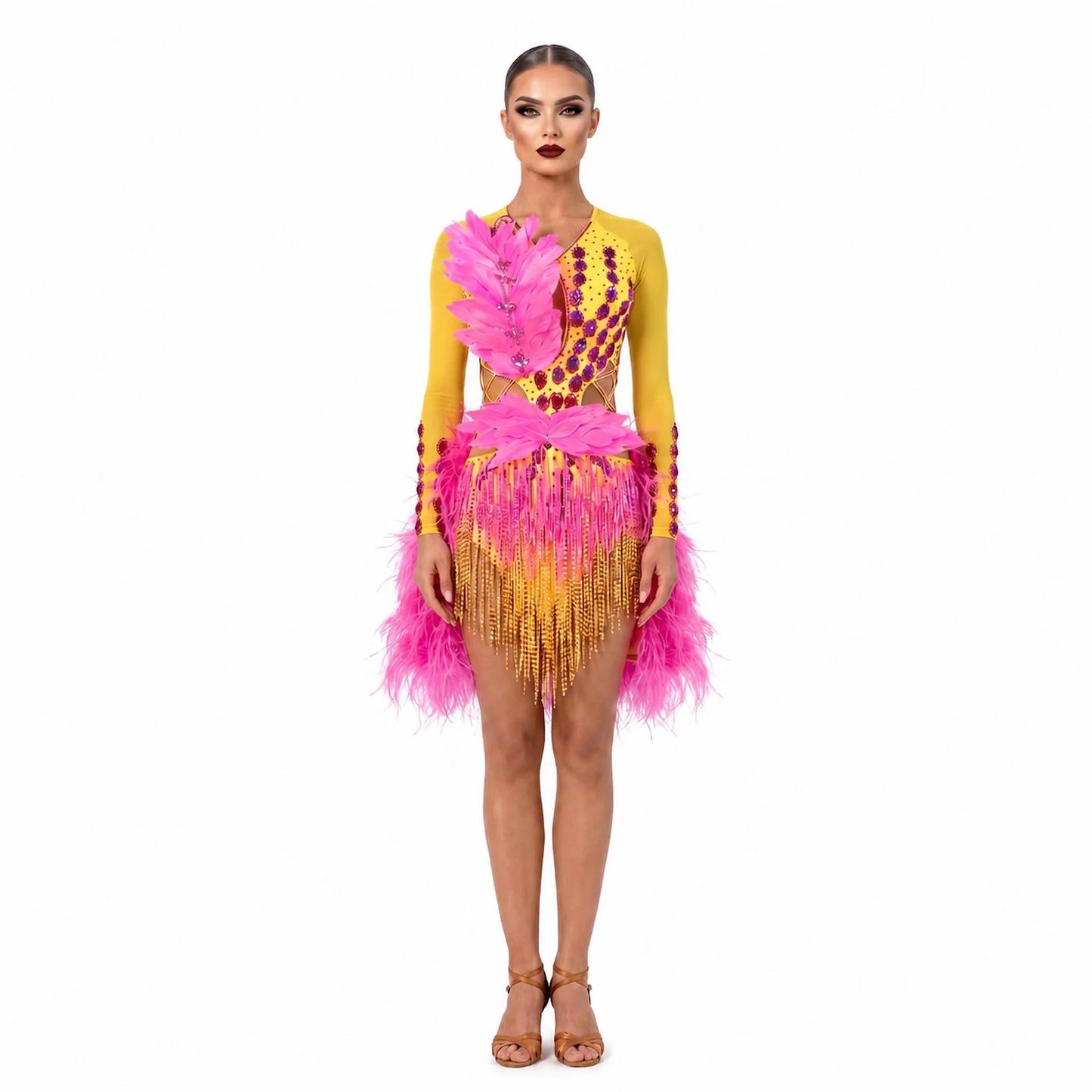 Custom Long Sleeve Feather Fringe Latin Competition Dress