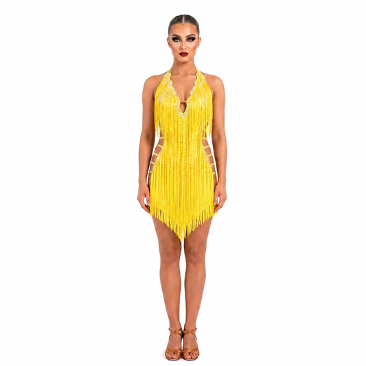 Custom Yellow Halter Fringe Latin Competition Dress