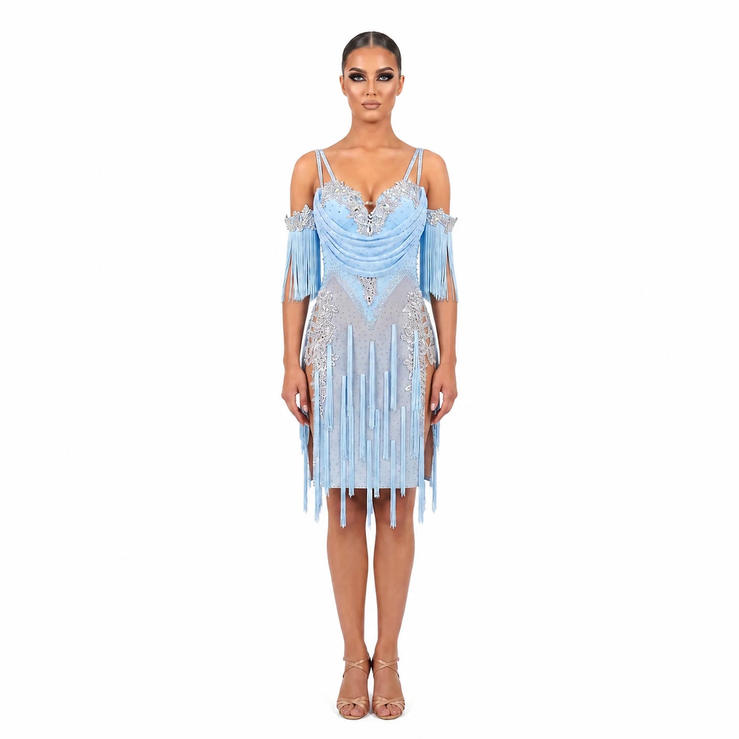 Custom Ice Blue Rhinestone Fringe Latin Competition Dress