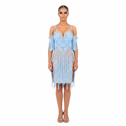 Custom Ice Blue Rhinestone Fringe Latin Competition Dress