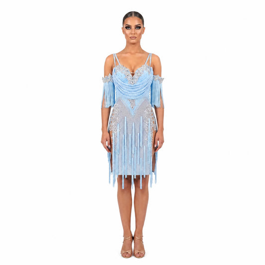 Custom Ice Blue Rhinestone Fringe Latin Competition Dress