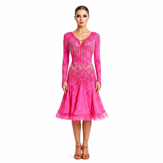 Custom Magenta Sparkle Fringe Long Sleeve Latin Competition Dress