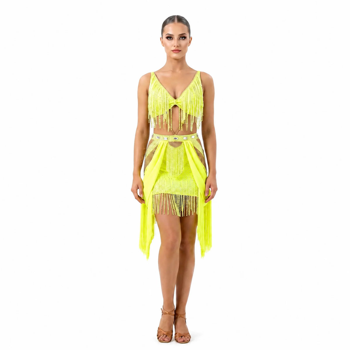 Custom Yellow Fringe Cutout Latin Competition Dress