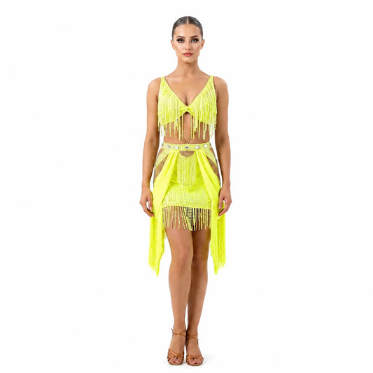 Custom Yellow Fringe Cutout Latin Competition Dress