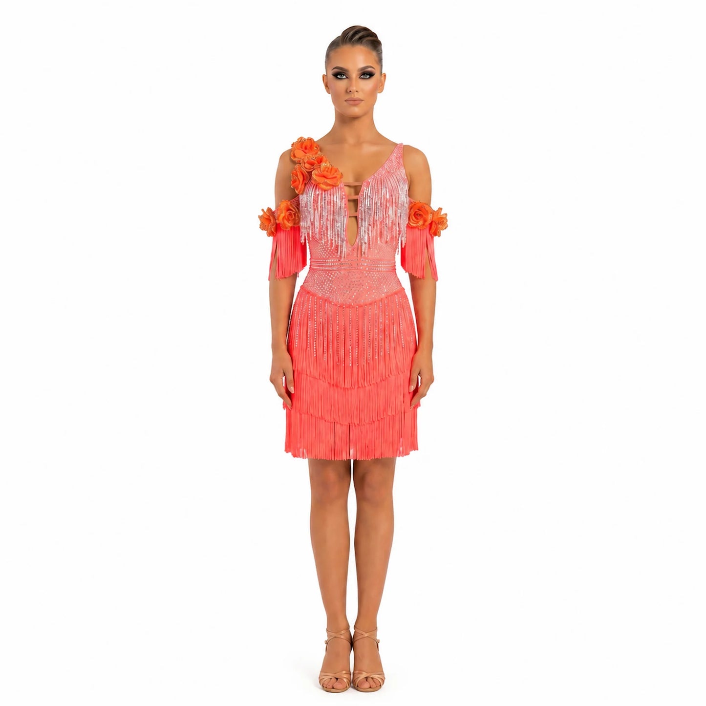 Custom Coral Tiered Fringe Latin Competition Dress