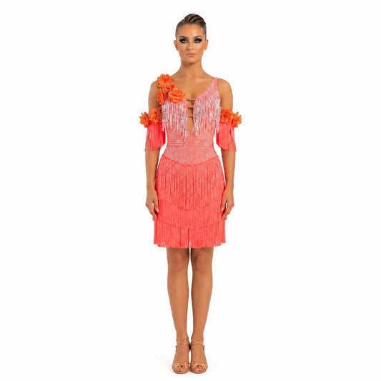 Custom Coral Tiered Fringe Latin Competition Dress