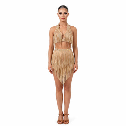 Custom Luxury Shimmer Gold Halter Rhinestone Fringe Latin Competition Dress