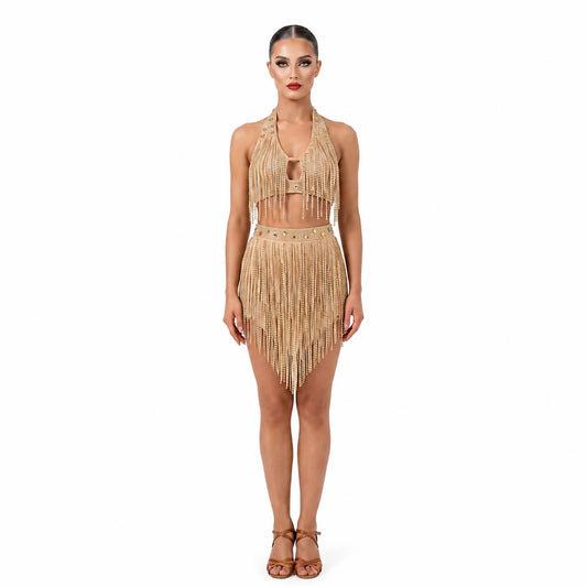 Custom Luxury Shimmer Gold Halter Rhinestone Fringe Latin Competition Dress