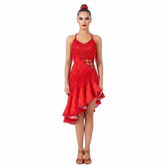 Custom Vivid Red Rhinestone Fringe Asymmetrical Ruffle Latin Competition Dress