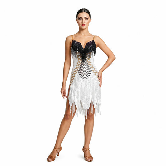 Custom Classic White Black Rhinestone Irregular Fringe Latin Competition Dress