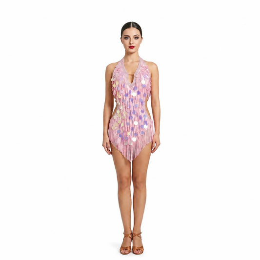 Custom Pink Iridescent Sequin Fringe Latin Competition Dress