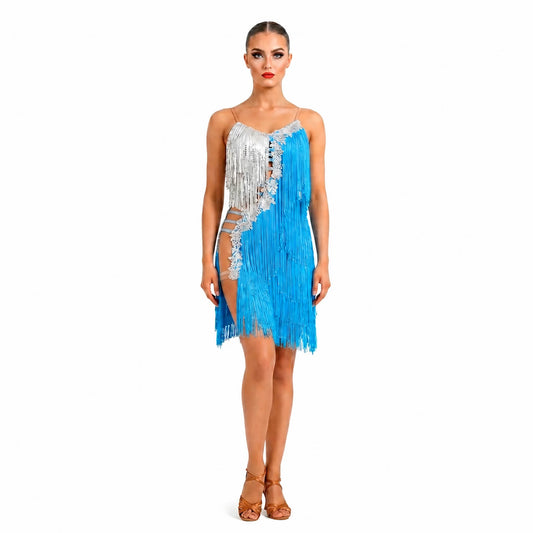 Custom Sky Blue Silver Lace Fringe Latin Competition Dress