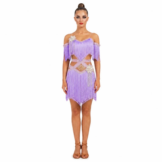 Custom Lavender Fringe Off Shoulder Latin Competition Dress