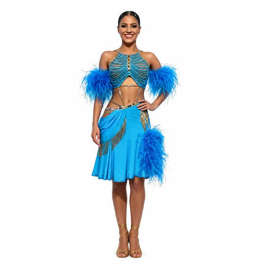 Custom Bright Blue Feather Gold Fringe Cutout Latin Competition Dress