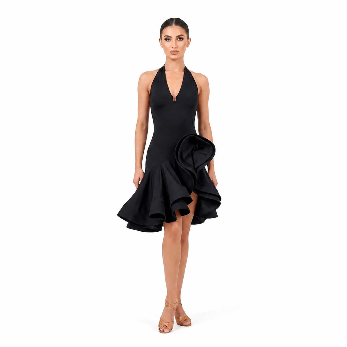 Black Halter Big Ruffle Latin Practice Dress