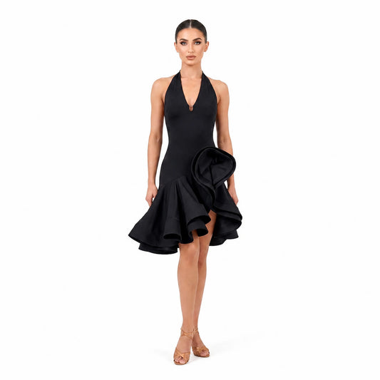 Black Halter Big Ruffle Latin Practice Dress