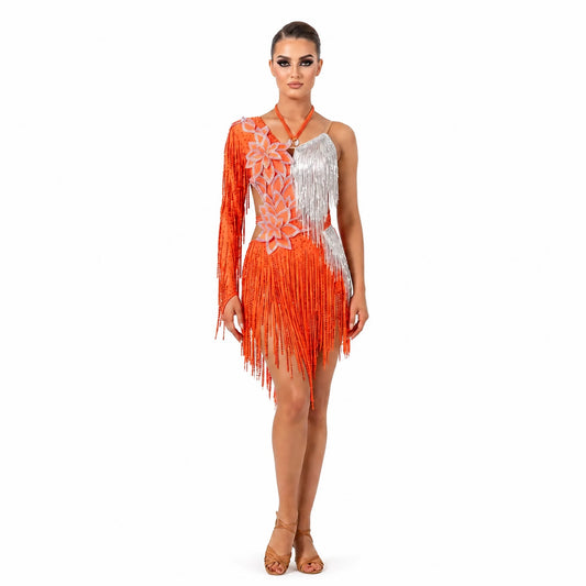 Custom Orange Silver Floral Rhinestone Fringe Latin Competition Dress