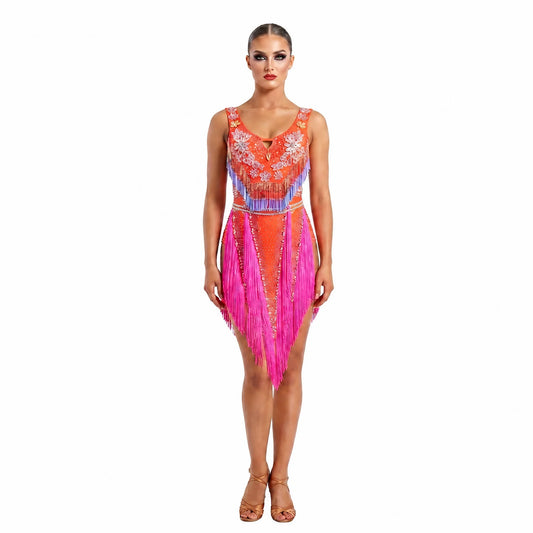 Custom Coral Bloom V-Fringe Latin Dress