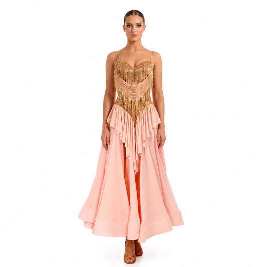 Custom Blush Gold Tassel Layered Ballroom Competition Dress