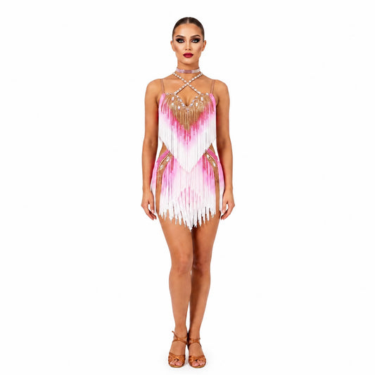 Custom Pink White Ombre Fringe Latin Dance Competition Dress