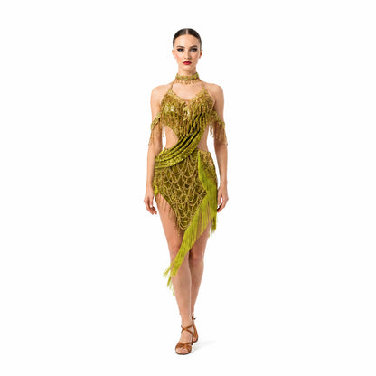 Custom Olive Green Draped Strap Fringe Latin Competition Dress