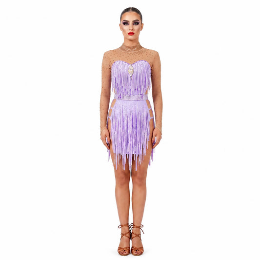 Custom Light Lavender Long Sleeve Mesh Cut Out Fringe Latin Competition Dress