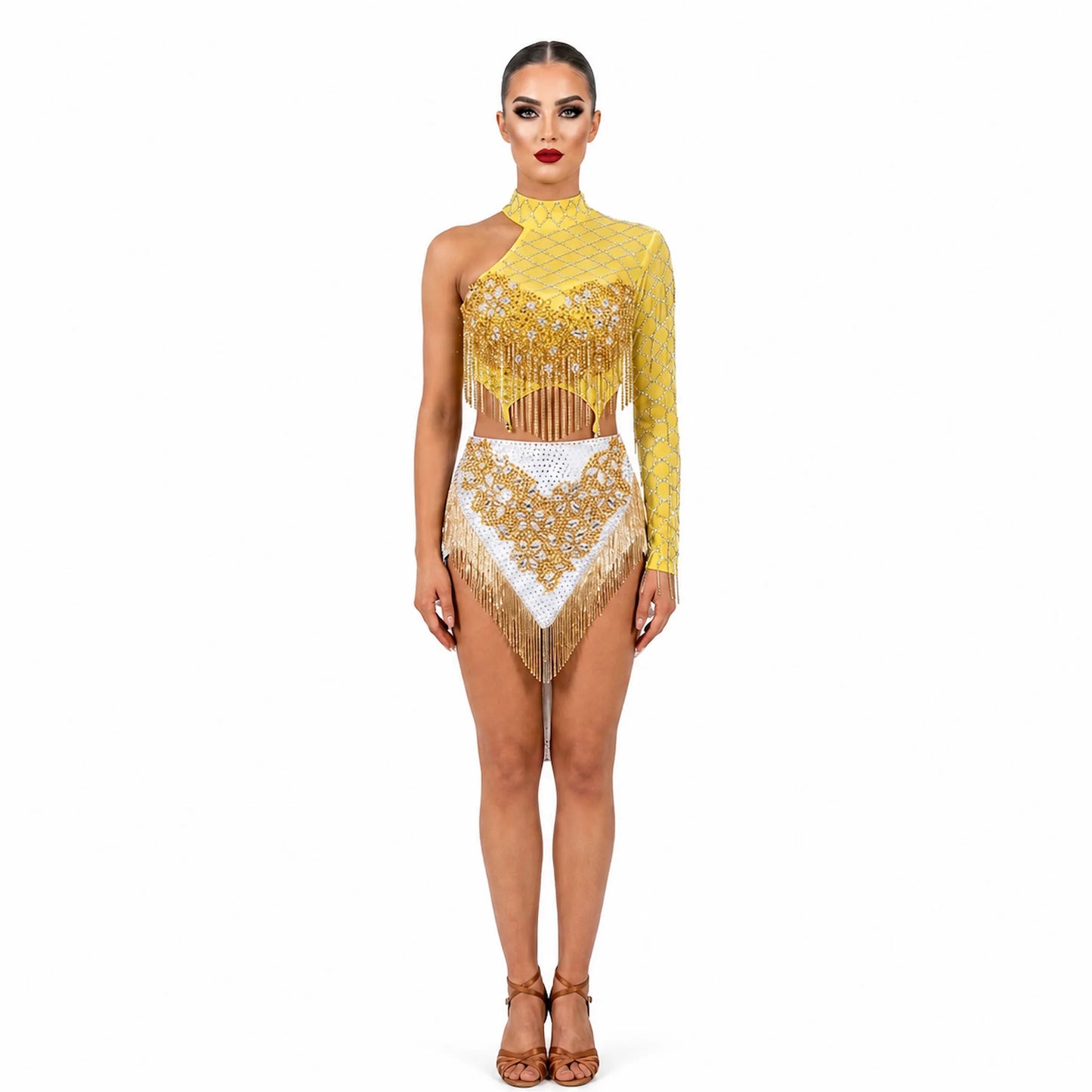Custom Radiant Yellow One Sleeve Fringe Latin Competition Dress