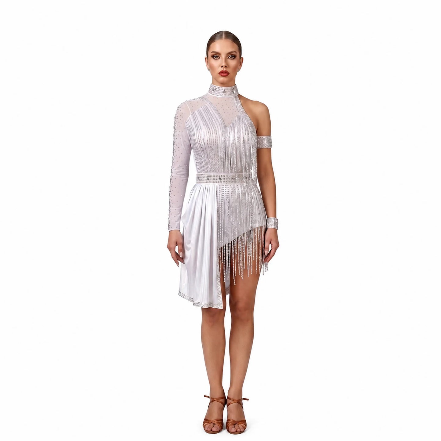 Custom Glistening Silver One Sleeve High Neck Fringe Latin Competition Dress