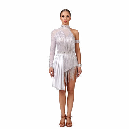 Custom Glistening Silver One Sleeve High Neck Fringe Latin Competition Dress