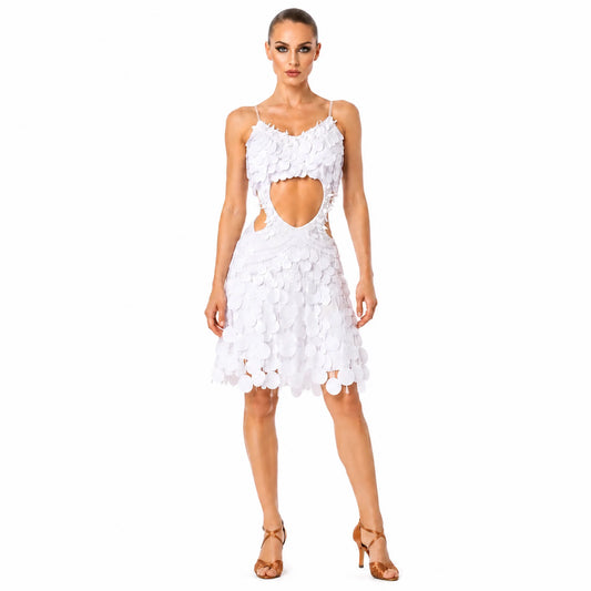 Custom White Disc Sequin Pearl Latin Competition Dress