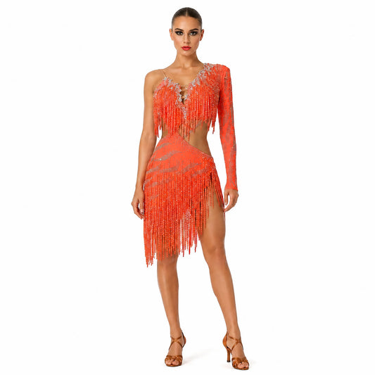 Custom Orange One Sleeve Fringe Cutout Latin Dance Competition Dress