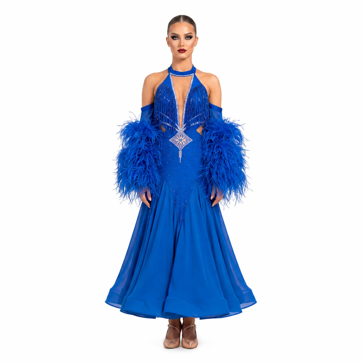 Custom Royal Blue Halter Feather Standard Ballroom Competition Dress