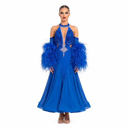 Custom Royal Blue Halter Feather Standard Ballroom Competition Dress